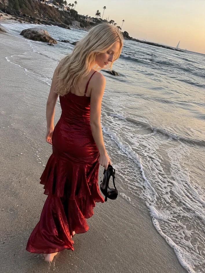 Glamorous Fitted Sweetheart Sleeveless Ruched Ruffled Red High-Low Prom Dress Gown