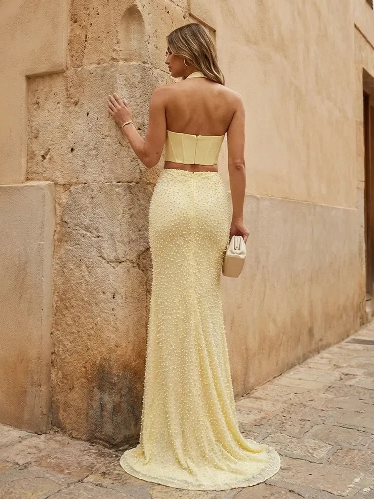 Glamorous Halter Beaded Slit Pale Yellow Floor-Length Prom Gown