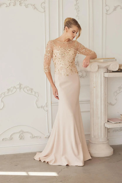 Glamorous Mermaid Boat Neck Three-Quarter Sleeves Sequin Champagne Mother of the Bride Gown