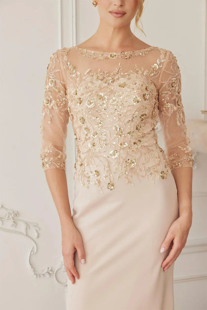 Glamorous Mermaid Boat Neck Three-Quarter Sleeves Sequin Champagne Mother of the Bride Gown