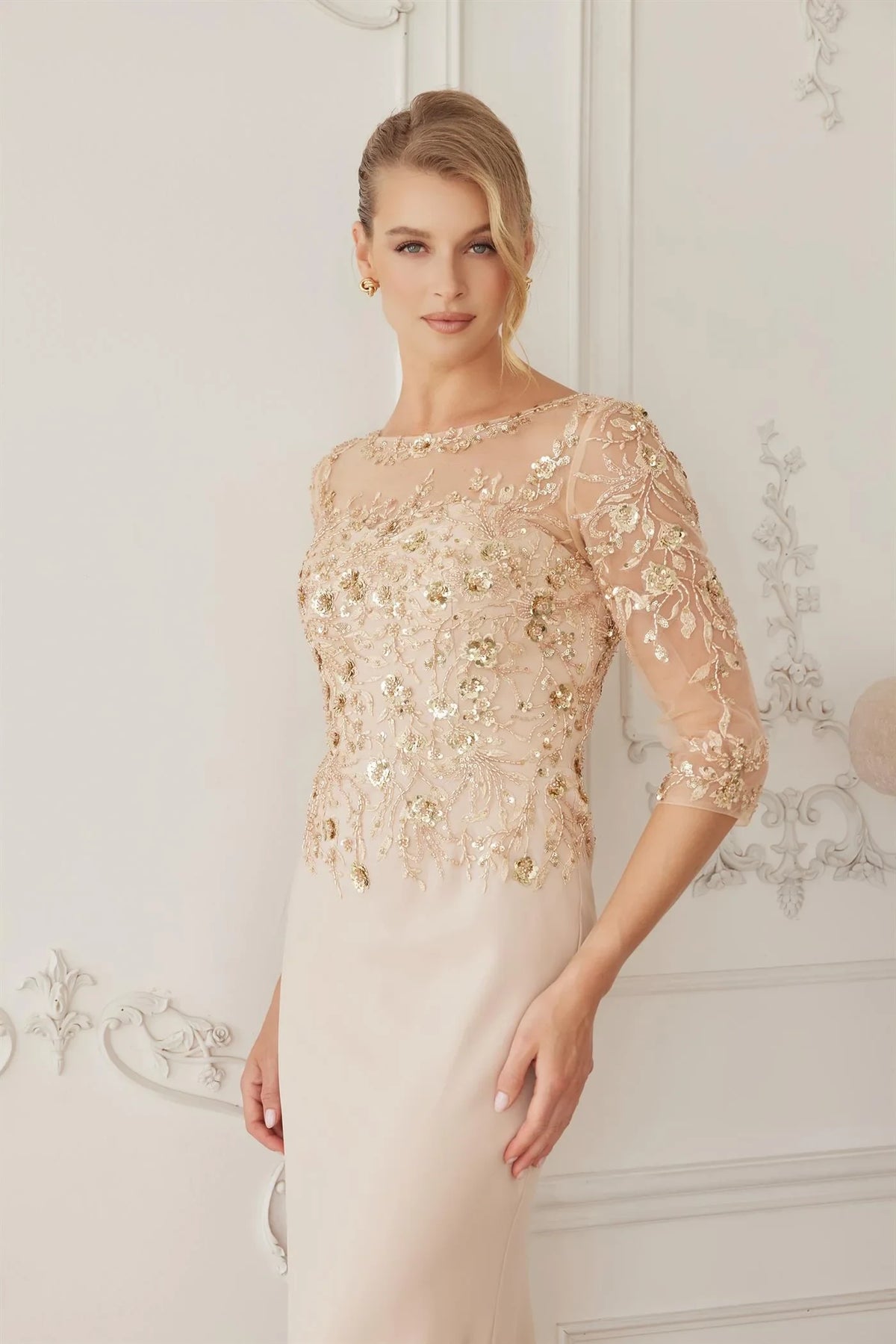 Glamorous Mermaid Boat Neck Three-Quarter Sleeves Sequin Champagne Mother of the Bride Gown