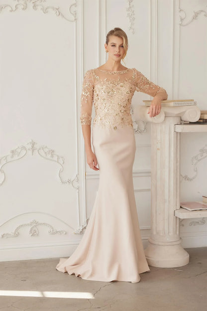 Glamorous Mermaid Boat Neck Three-Quarter Sleeves Sequin Champagne Mother of the Bride Gown