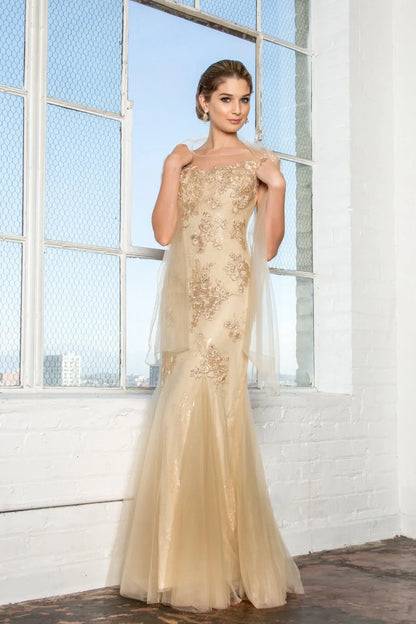 Glamorous Mermaid Illusion Neck Cap Sleeve Beaded Champagne Mother of the Bride Gown