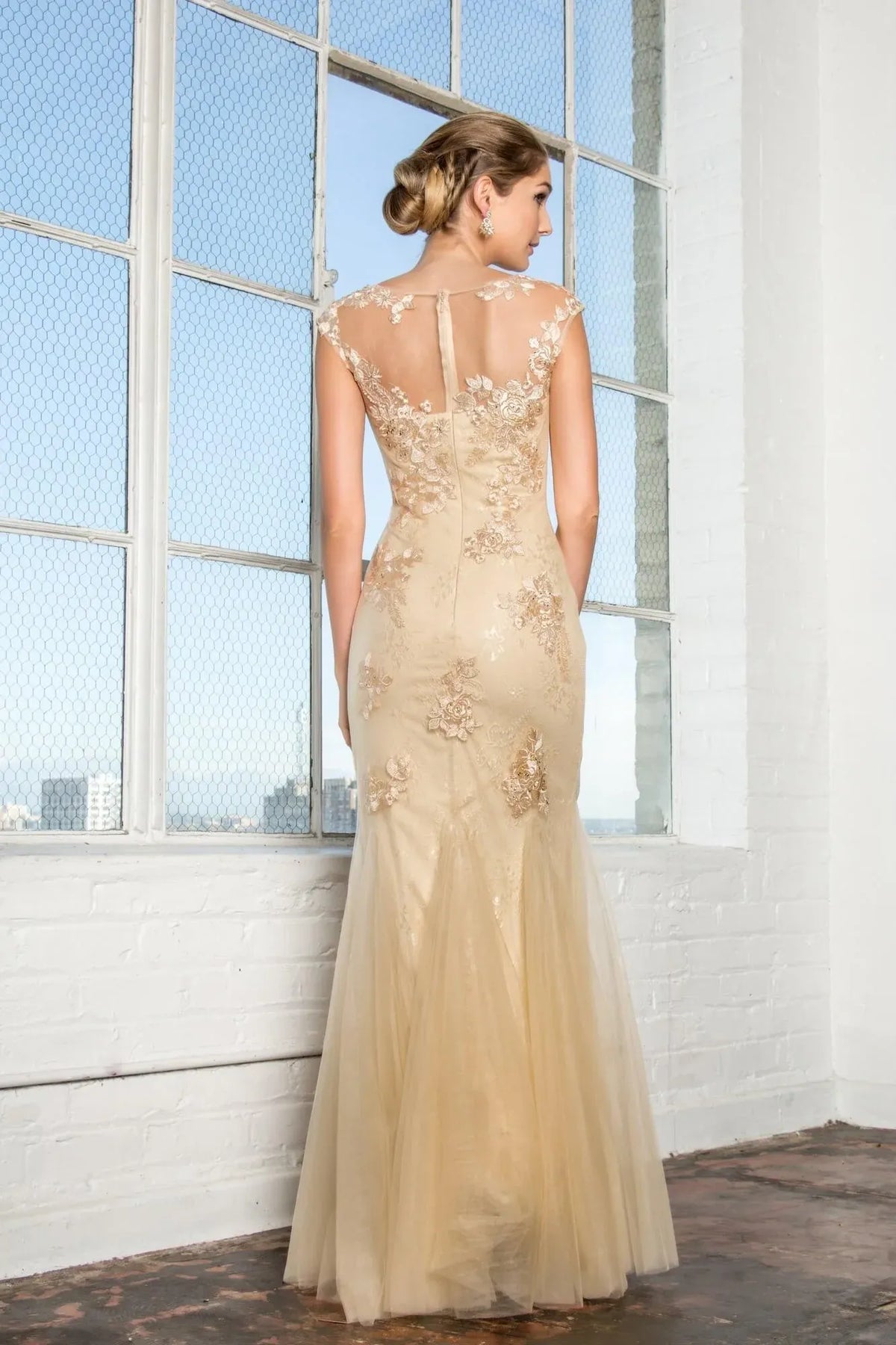 Glamorous Mermaid Illusion Neck Cap Sleeve Beaded Champagne Mother of the Bride Gown