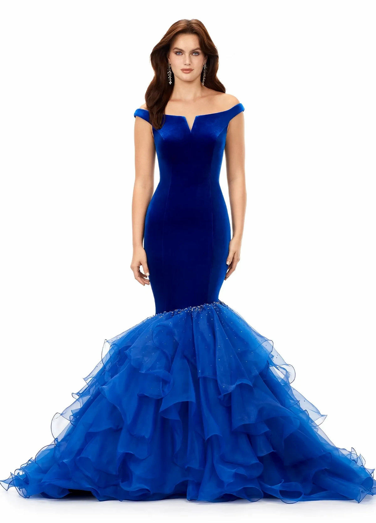 Glamorous Mermaid Off-Shoulder V-Neck Ruffled Beaded Royal Blue Floor-Length Women's Evening Gown