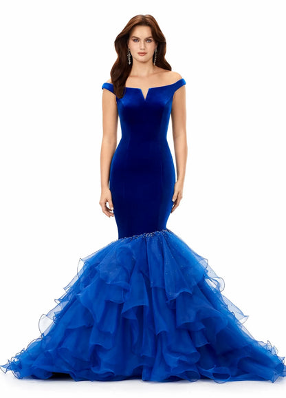 Glamorous Mermaid Off-Shoulder V-Neck Ruffled Beaded Royal Blue Floor-Length Women's Evening Gown
