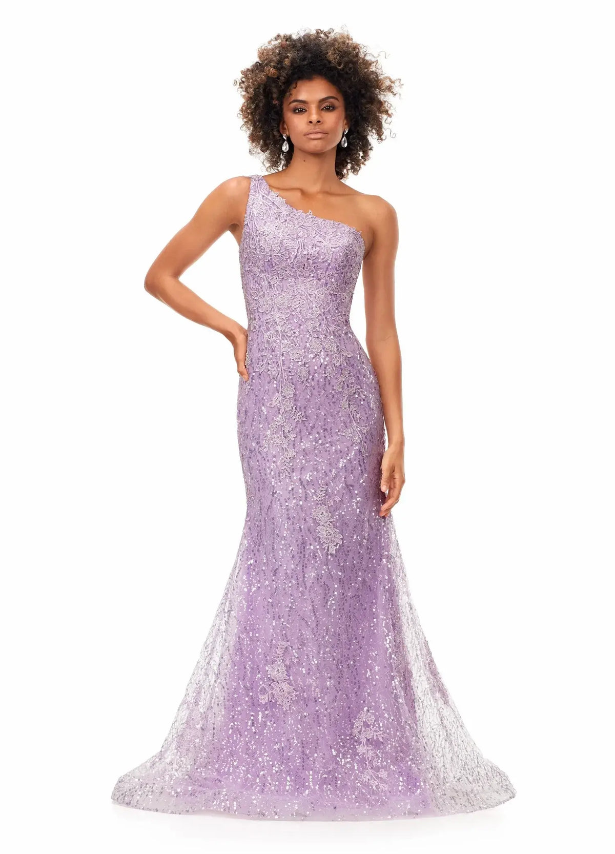 Glamorous Mermaid One-Shoulder Sleeveless Sequin Lace Lilac Floor-Length Evening Gown