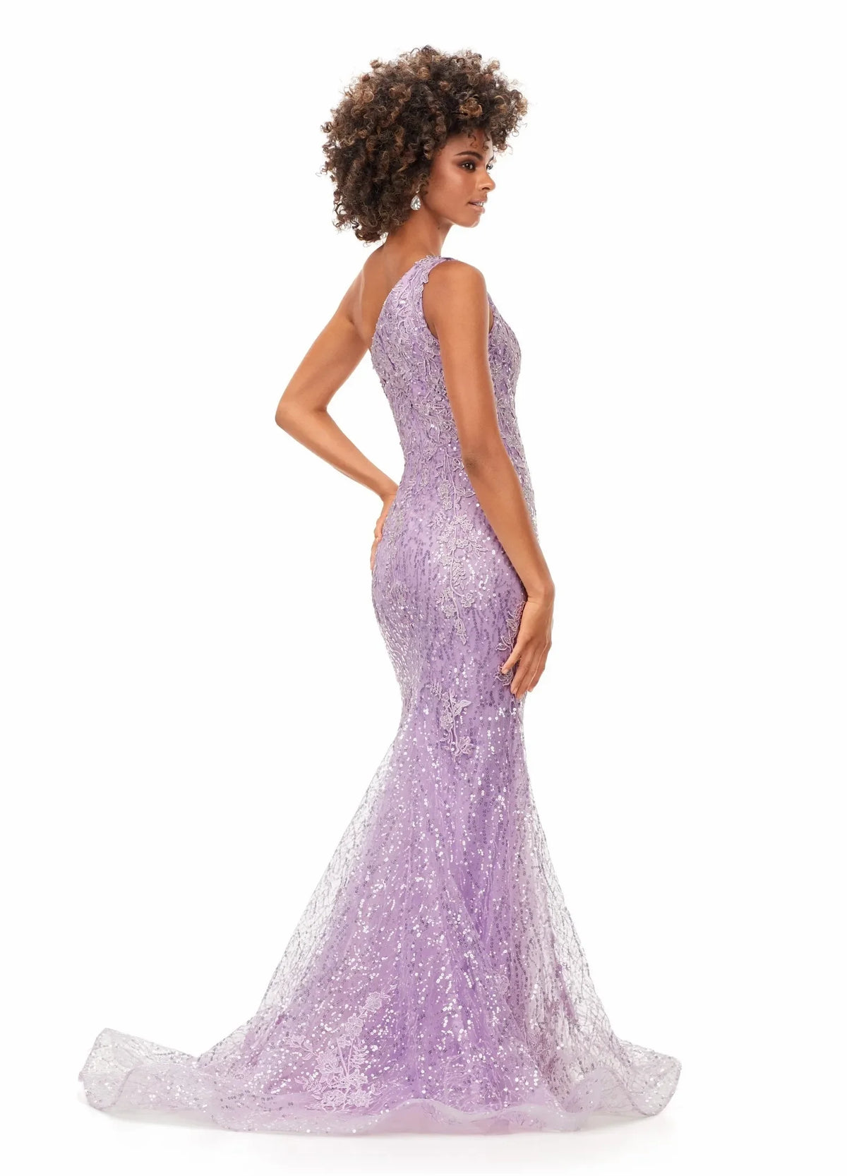 Glamorous Mermaid One-Shoulder Sleeveless Sequin Lace Lilac Floor-Length Evening Gown