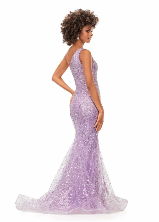 Glamorous Mermaid One-Shoulder Sleeveless Sequin Lace Lilac Floor-Length Evening Gown