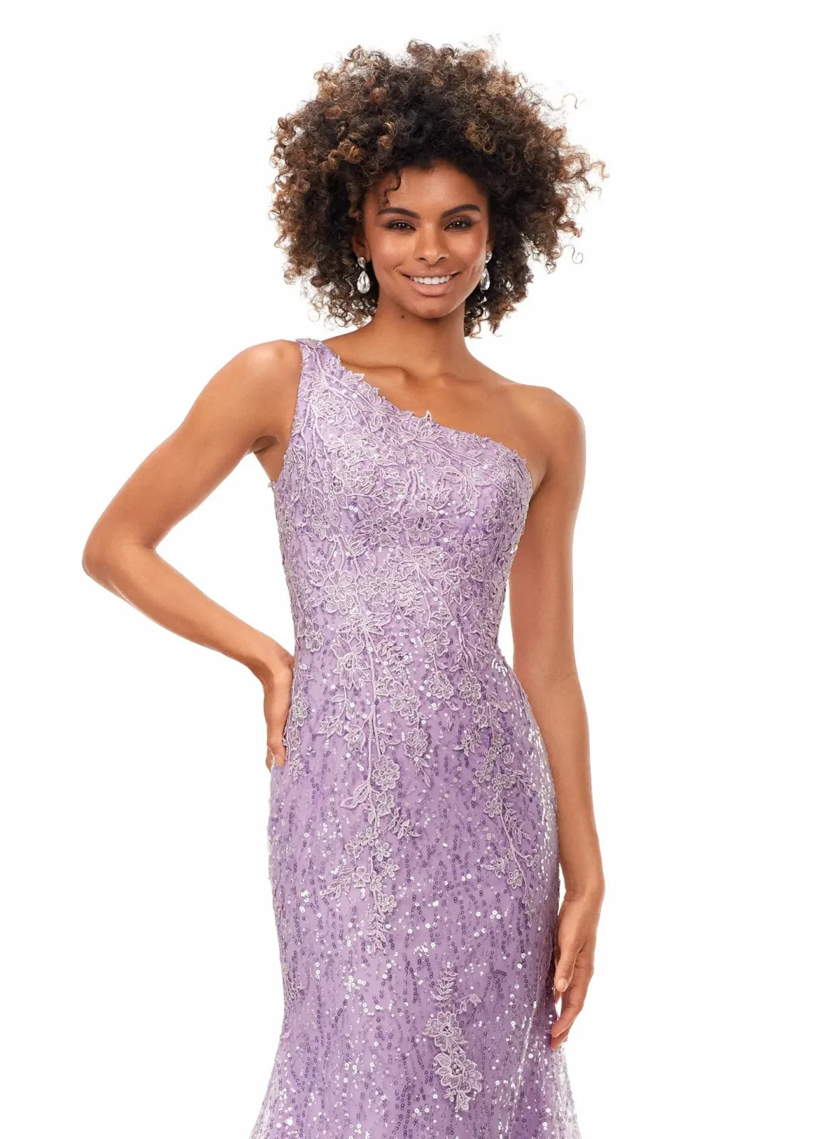 Glamorous Mermaid One-Shoulder Sleeveless Sequin Lace Lilac Floor-Length Evening Gown