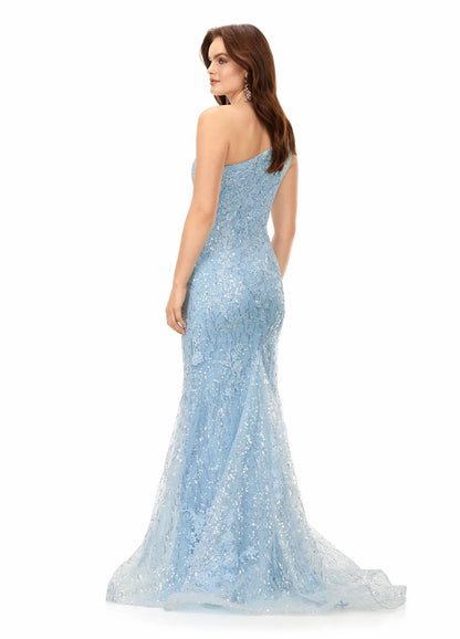 Glamorous Mermaid One-Shoulder Sleeveless Sequin Lace Lilac Floor-Length Evening Gown