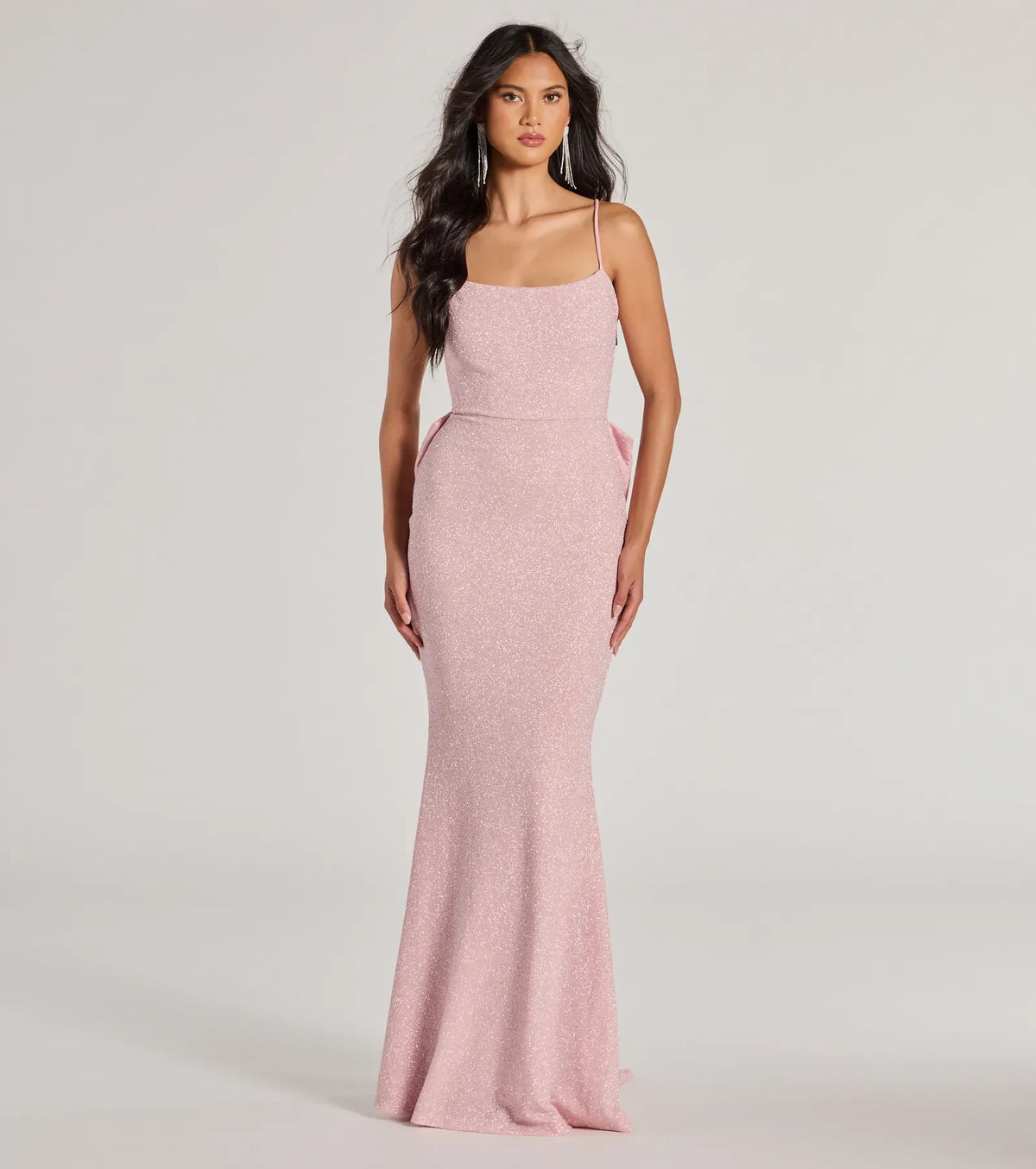 Glamorous Mermaid Square Neck Sleeveless Bow-Back Pink Floor-Length Evening Gown