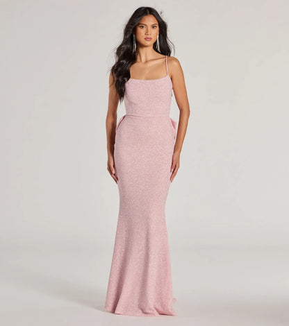 Glamorous Mermaid Square Neck Sleeveless Bow-Back Pink Floor-Length Evening Gown