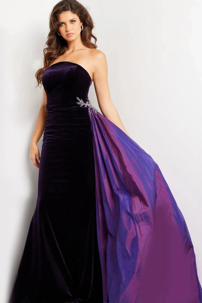 Glamorous Mermaid Strapless Draped Embellished Deep Purple Floor-Length Evening Gown