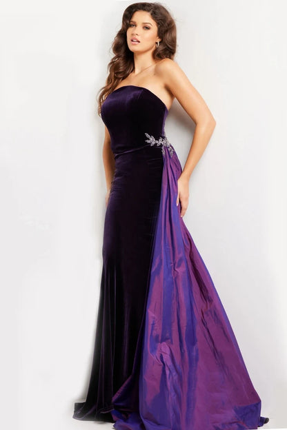 Glamorous Mermaid Strapless Draped Embellished Deep Purple Floor-Length Evening Gown