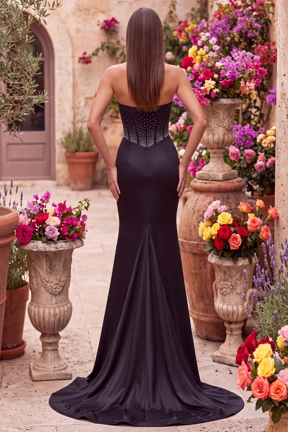 Glamorous Mermaid Strapless Embellished High Slit Black Floor-Length Prom Dress Gown