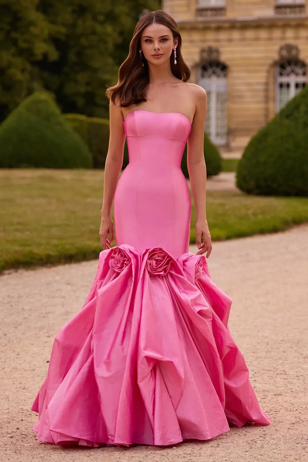 Glamorous Mermaid Strapless Ruffle Pink Floor-Length Prom Dress Women's Gown