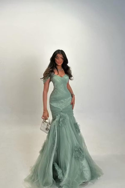 Glamorous Mermaid Sweetheart Off-Shoulder Ruched Sage Green Floor-Length Prom Gown
