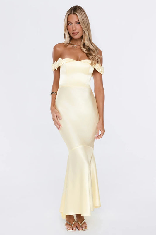 Glamorous Mermaid Sweetheart Off-Shoulder Ruffled Backless Pale Yellow Floor-Length Prom Dress