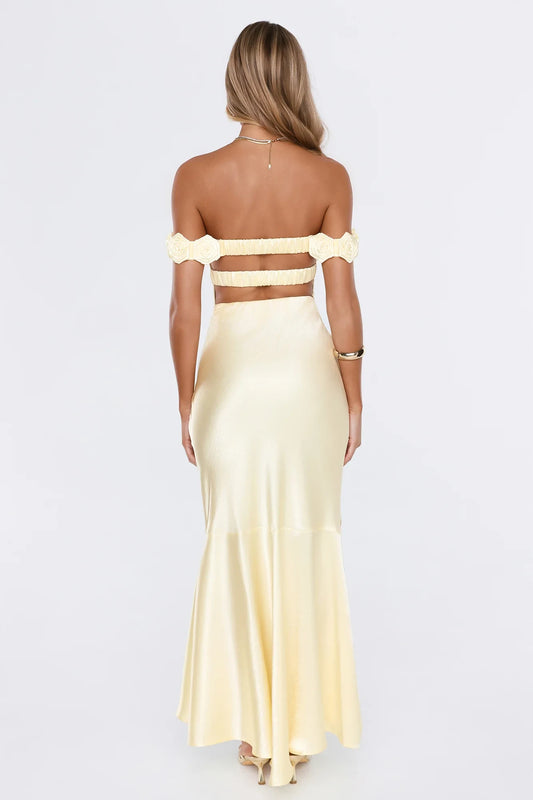 Glamorous Mermaid Sweetheart Off-Shoulder Ruffled Backless Pale Yellow Floor-Length Prom Dress