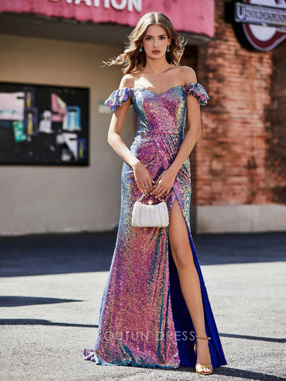 Glamorous Mermaid Sweetheart Off-Shoulder Sparkling High Slit Iridescent Floor-Length Prom Dress