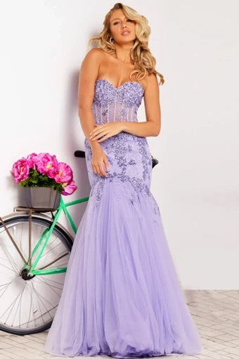 Glamorous Mermaid Sweetheart Sleeveless Beaded Tulle Lavender Floor-Length Evening Gown