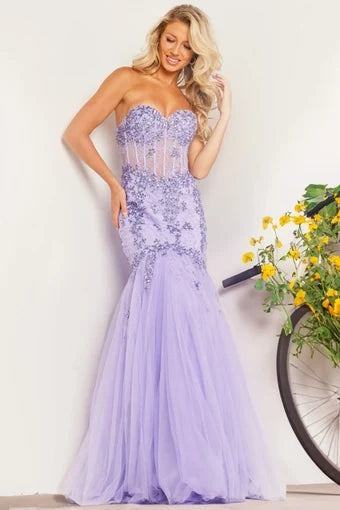 Glamorous Mermaid Sweetheart Sleeveless Beaded Tulle Lavender Floor-Length Evening Gown