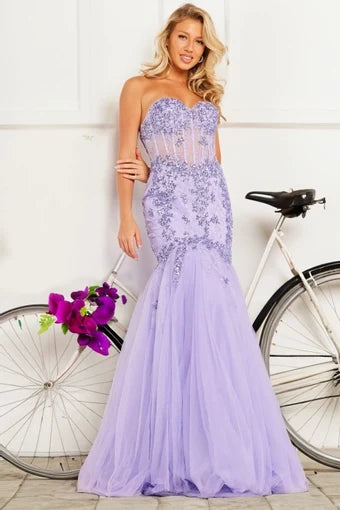 Glamorous Mermaid Sweetheart Sleeveless Beaded Tulle Lavender Floor-Length Evening Gown