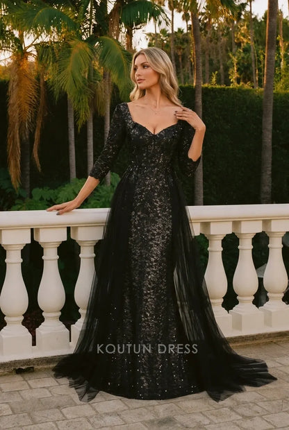 Glamorous Mermaid Sweetheart Three-Quarter Sleeve Sequin Black Floor-Length Prom Dress Women Gown