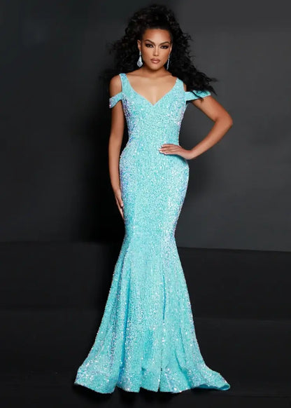 Glamorous Mermaid V-Neck Cold-Shoulder Sparkling Aqua Floor-Length Evening Dresses Women Gown