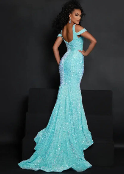 Glamorous Mermaid V-Neck Cold-Shoulder Sparkling Aqua Floor-Length Evening Dresses Women Gown