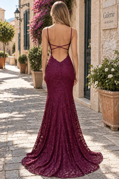 Glamorous Mermaid V-Neck Sleeveless Slit Backless Plum Maxi Prom Dresses Women