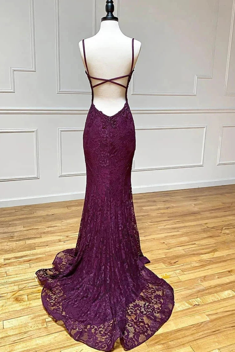 Glamorous Mermaid V-Neck Sleeveless Slit Backless Plum Maxi Prom Dresses Women