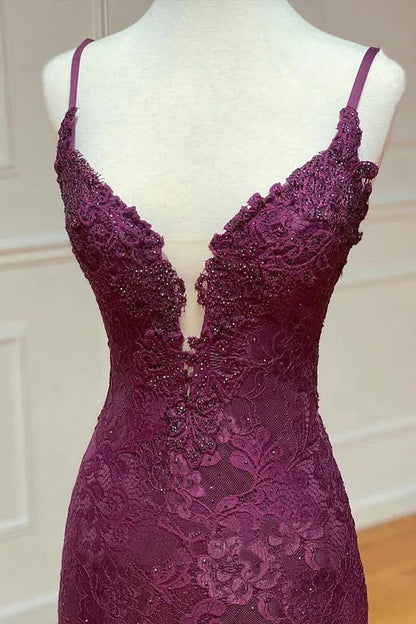Glamorous Mermaid V-Neck Sleeveless Slit Backless Plum Maxi Prom Dresses Women
