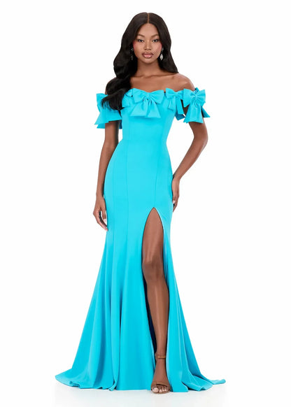 Glamorous Off-Shoulder Bow Slit Mermaid Turquoise Floor-Length Evening Dress Gown