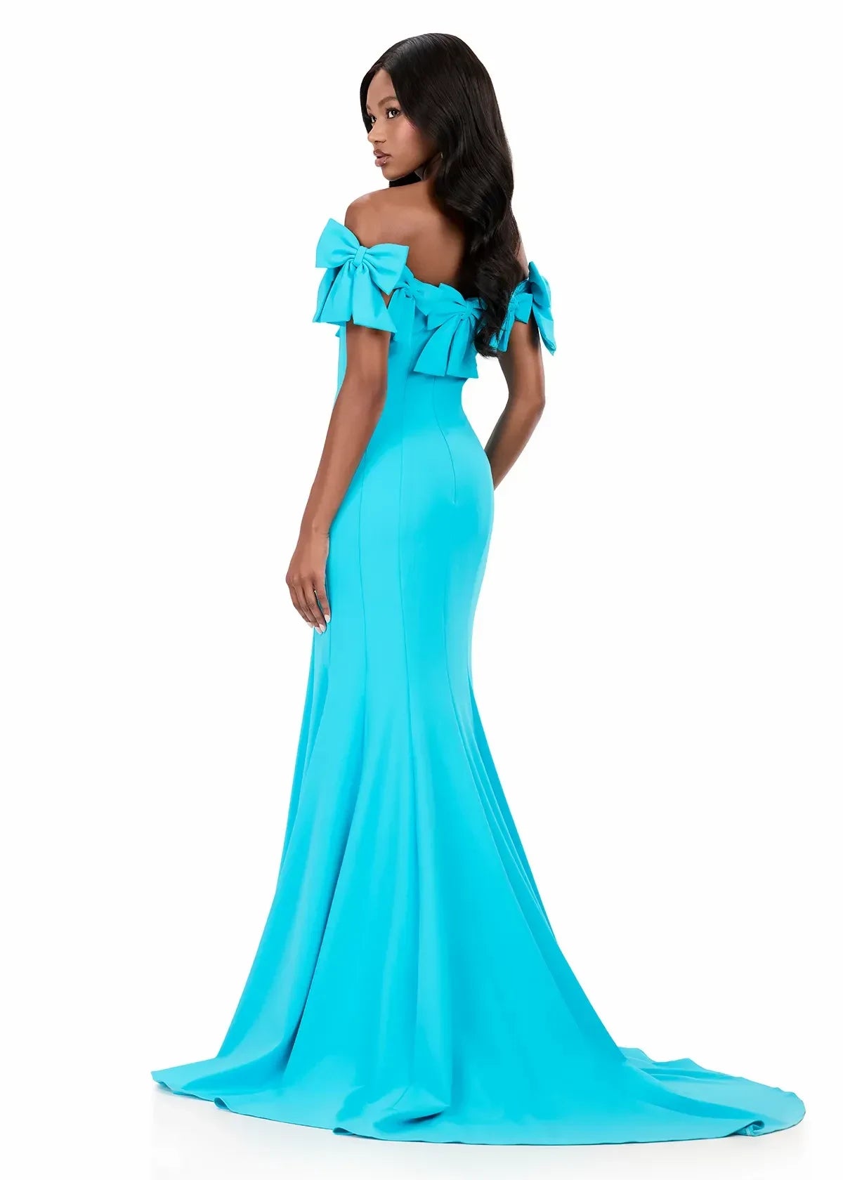 Glamorous Off-Shoulder Bow Slit Mermaid Turquoise Floor-Length Evening Dress Gown