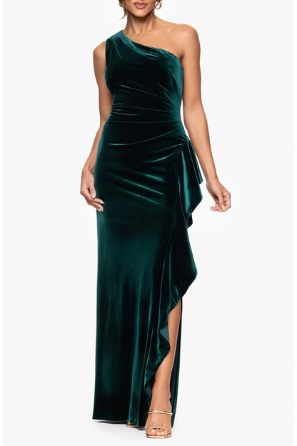 Glamorous One-Shoulder Sleeveless Ruched Ruffled Emerald Floor-Length Mother of the Bride Gown