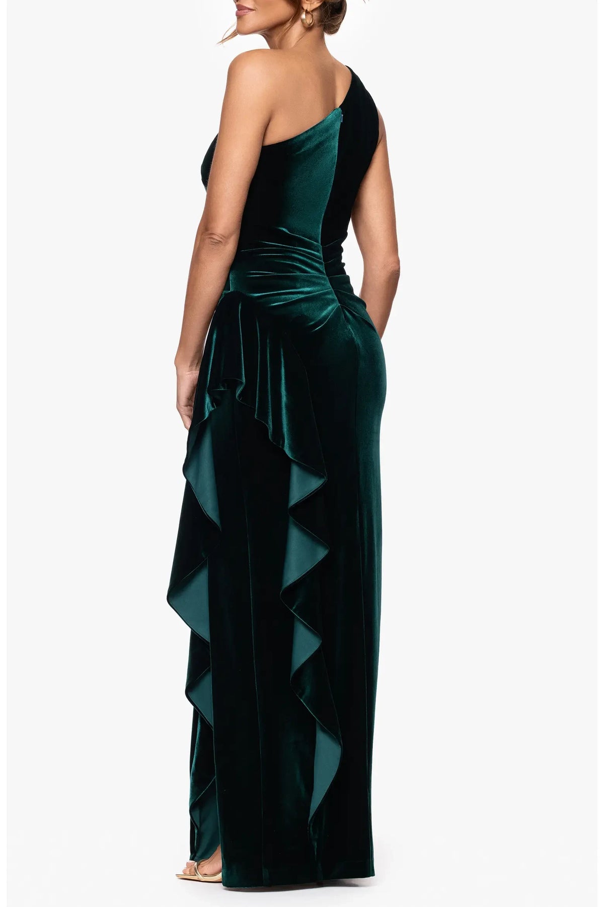 Glamorous One-Shoulder Sleeveless Ruched Ruffled Emerald Floor-Length Mother of the Bride Gown