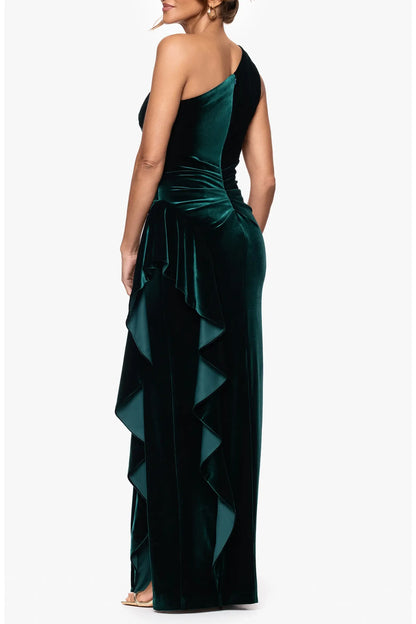 Glamorous One-Shoulder Sleeveless Ruched Ruffled Emerald Floor-Length Mother of the Bride Gown