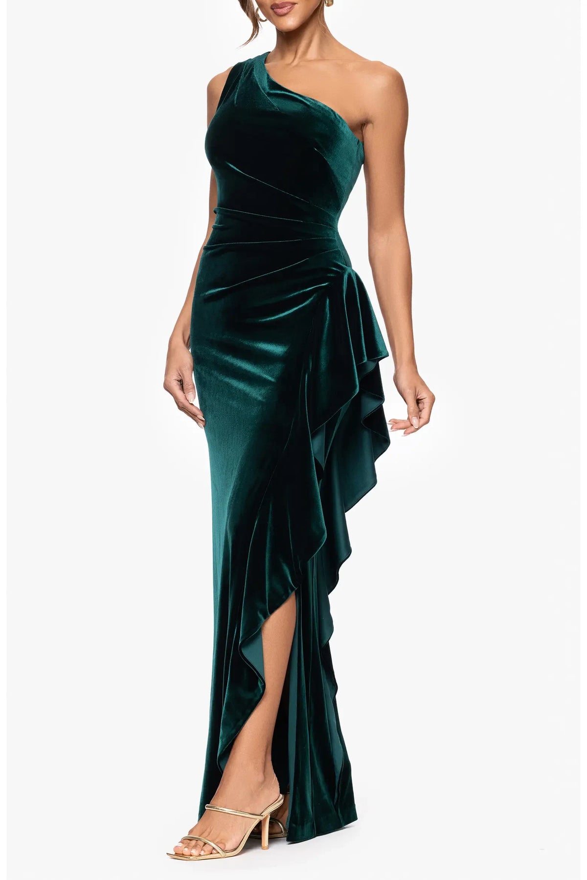 Glamorous One-Shoulder Sleeveless Ruched Ruffled Emerald Floor-Length Mother of the Bride Gown