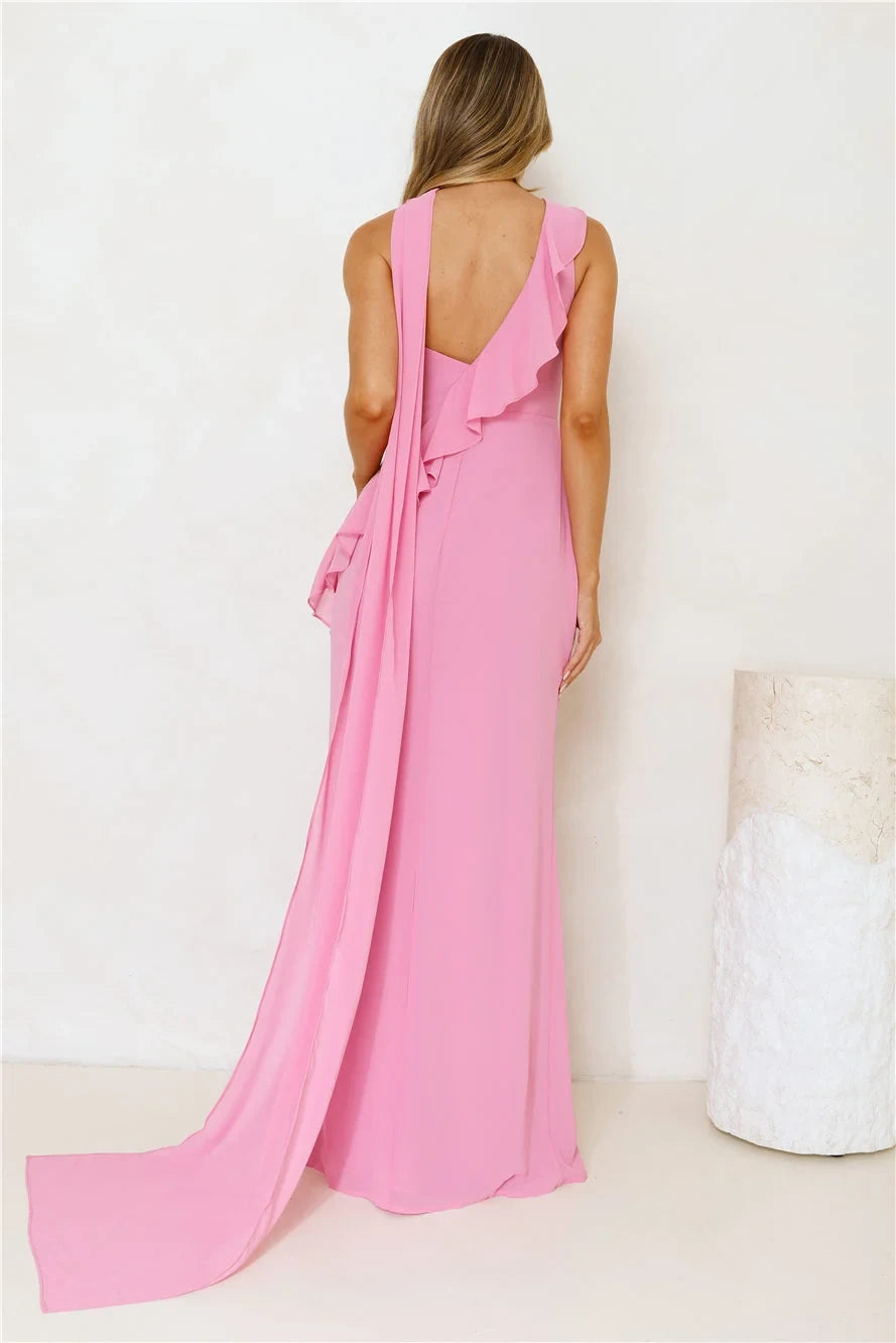 Glamorous Sheath Asymmetrical Cowl Neck Sleeveless Ruffled Slit Pink Floor-Length Prom Dress