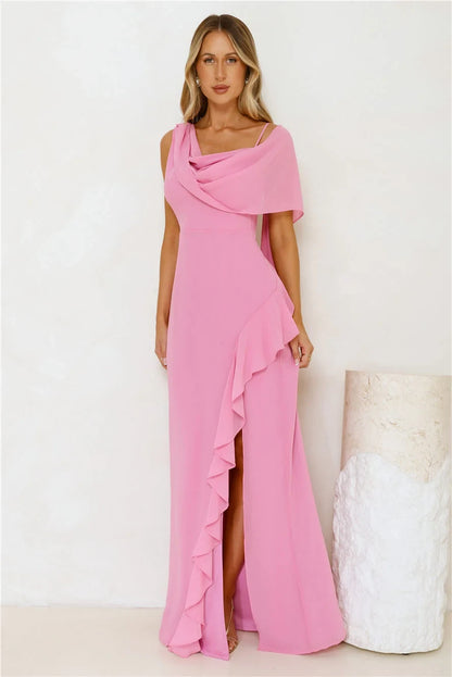 Glamorous Sheath Asymmetrical Cowl Neck Sleeveless Ruffled Slit Pink Floor-Length Prom Dress