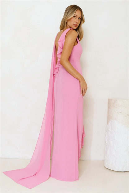 Glamorous Sheath Asymmetrical Cowl Neck Sleeveless Ruffled Slit Pink Floor-Length Prom Dress