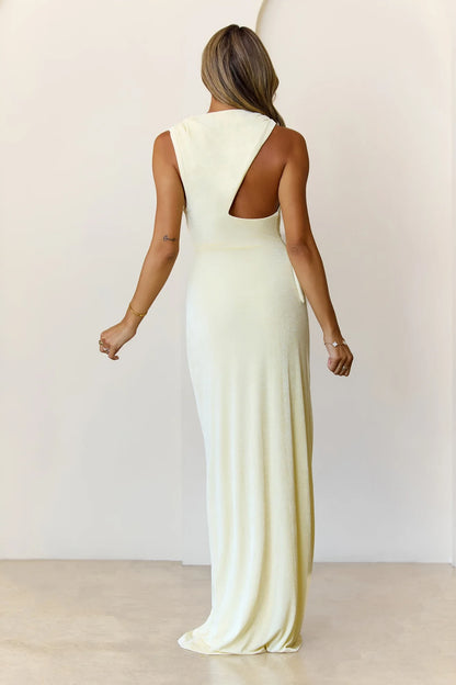 Glamorous Sheath Cowl Neck Sleeveless Ruched Slit Pale Yellow Floor-Length Prom Dress