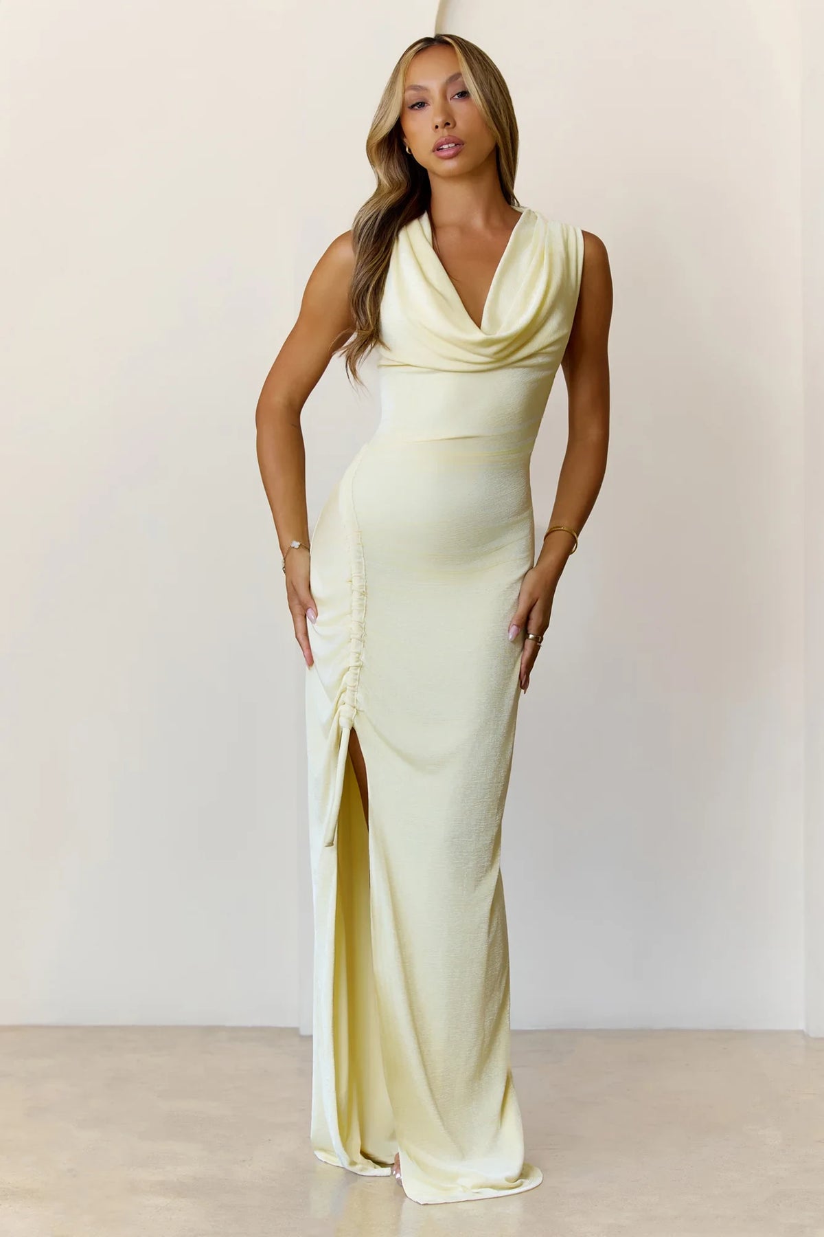 Glamorous Sheath Cowl Neck Sleeveless Ruched Slit Pale Yellow Floor-Length Prom Dress