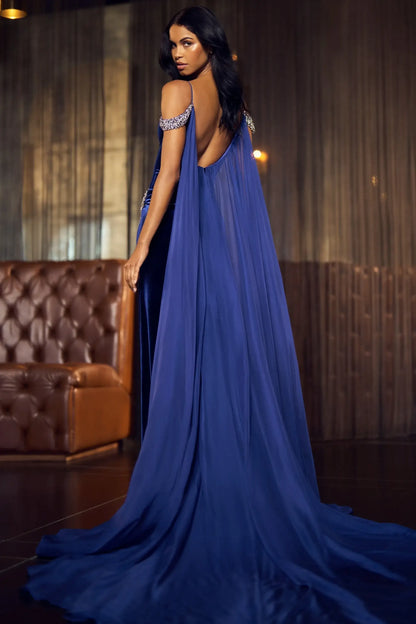 Glamorous Sheath Deep V-Neck Beaded Cape Navy Blue Floor-Length Evening Gown