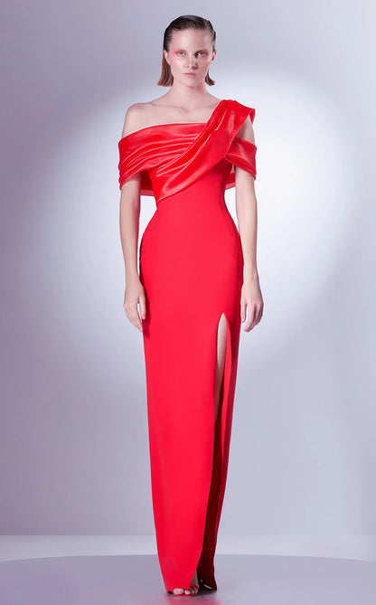 Glamorous Sheath Off-Shoulder Sleeveless Draped High-Slit Red Floor-Length Evening Gown