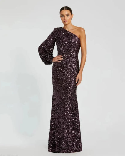 Glamorous Sheath One-Shoulder Long Sleeve Sparkling Aubergine Floor-Length Mother of the Bride Gown