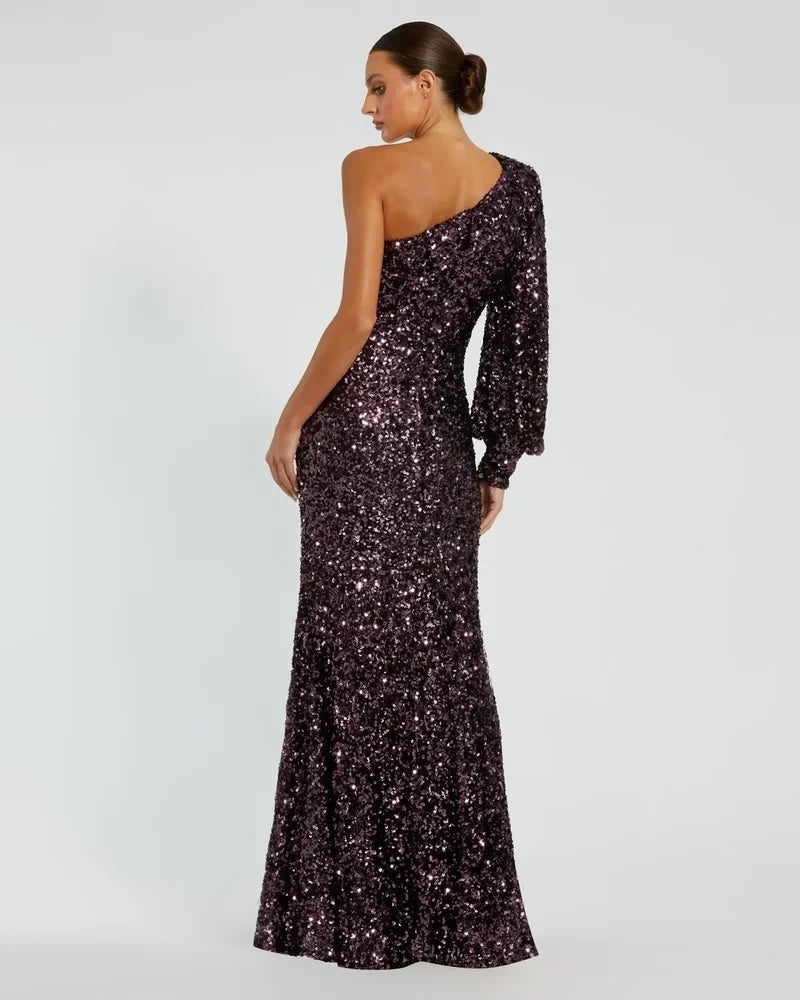 Glamorous Sheath One-Shoulder Long Sleeve Sparkling Aubergine Floor-Length Mother of the Bride Gown