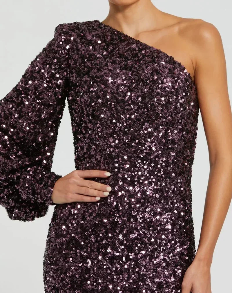 Glamorous Sheath One-Shoulder Long Sleeve Sparkling Aubergine Floor-Length Mother of the Bride Gown